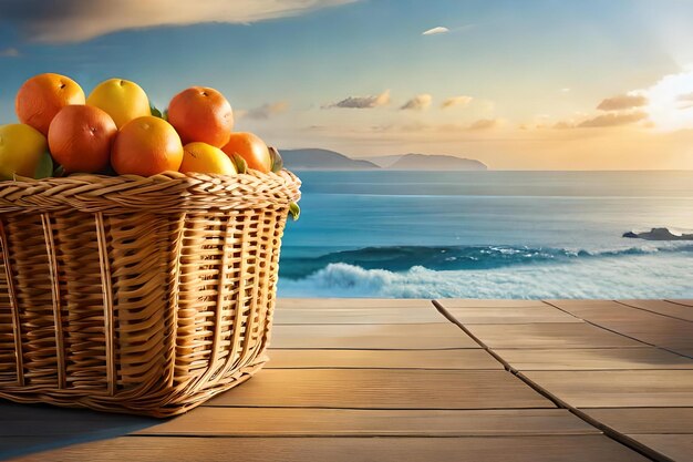 Kosz owoców na plaży z zachodem słońca na tle