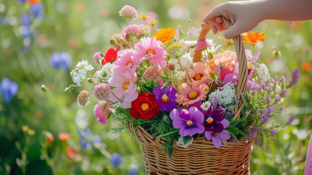 Kosz pełen kwiatów różnych kolorów trzymany przez piękną rękę generowaną przez ai