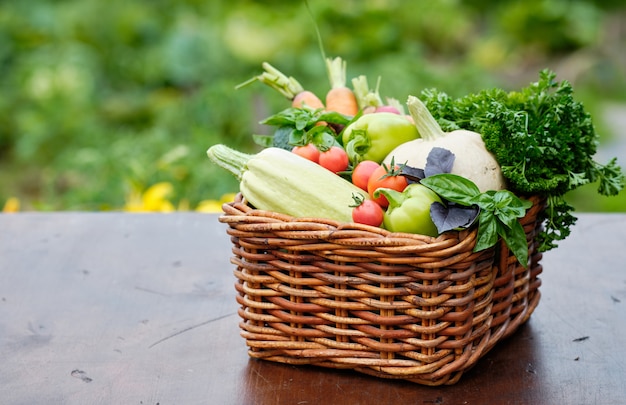 Kosz pełen organicznych warzyw i korzeni w ogrodzie.