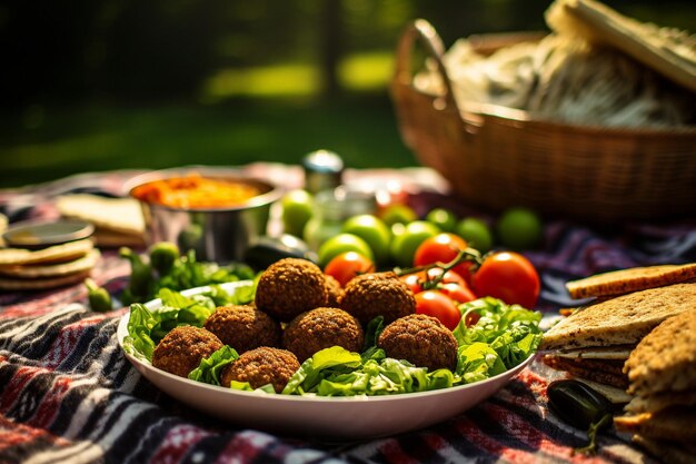 Kosz piknikowy na temat falafelów ze wszystkimi dodatkami