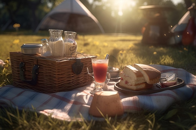 Kosz piknikowy z owocami i piekarnią na tkaninie w ogrodzie Wygenerowany przez AI