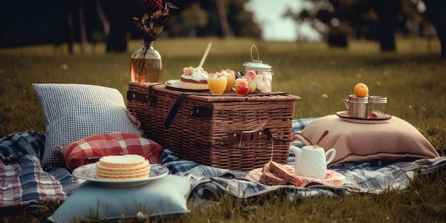 Kosz piknikowy z owocami i piekarnią na tkaninie w ogrodzie Wygenerowany przez AI