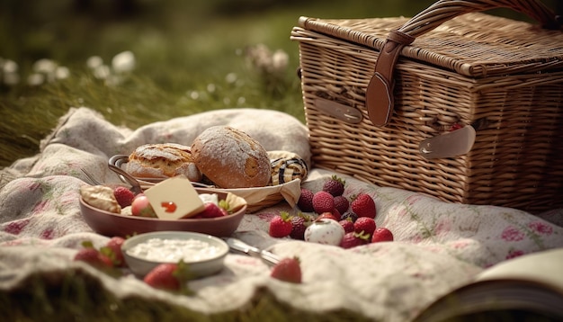 Kosz piknikowy ze świeżymi jagodami Organiczna przekąska dla smakoszy na łące trawiastej generowana przez sztuczną inteligencję