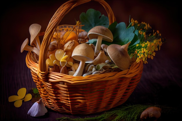 Kosz świeżo zebranych magicznych grzybów, gotowych do gotowania lub jedzenia, stworzony za pomocą generatywnej sztucznej inteligencji