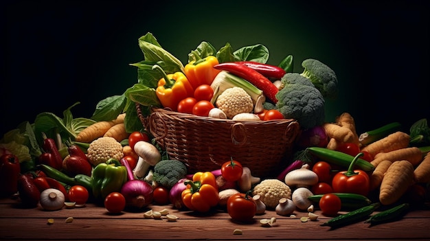 kosz warzyw i owoców i warzyw na zielonym tle.