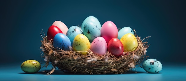 Kosz wypełniony jajkami w kolorze niebieskim, żółtym, zielonym i różowym na niebieskim tle