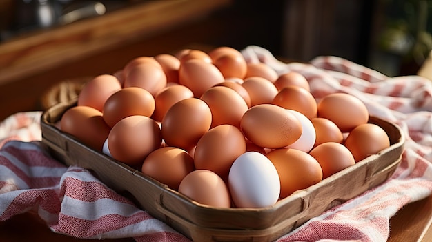 Kosz z jajami kurczaków - ważny element spożywczy Kilka brązowych jaj w komórkach dużej kartonowej torby lub w koszu - tacka do przenoszenia i przechowywania kruchych jaj Generatywna sztuczna inteligencja