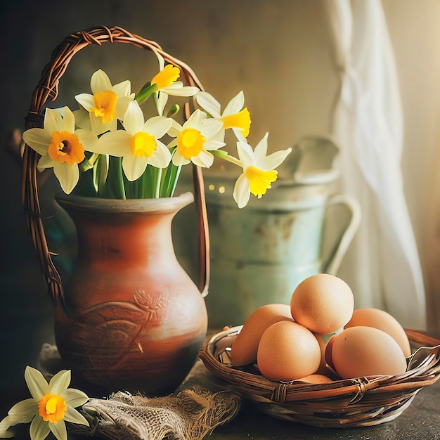 Kosz z jajkami i wazon z narcyzami Wielkanocne martwe życie w stylu wiejskim