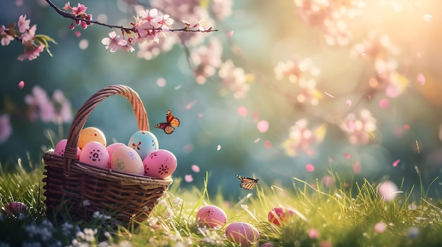 Kosz z jajkami wielkanocnymi na trawie wśród kwitnących drzew