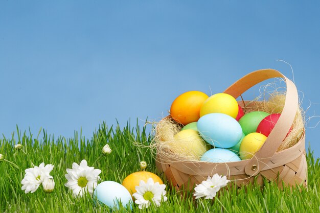 Kosz z malującymi Wielkanocnymi jajkami na zielonej trawie. Koncepcja świąt wielkanocnych.