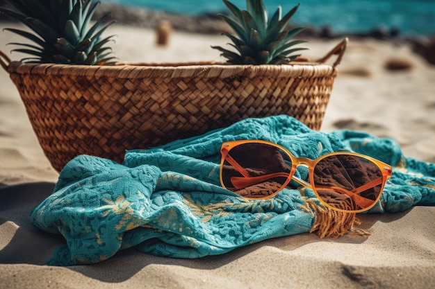 Zdjęcie kosz z okularami przeciwsłonecznymi stoi na plaży.