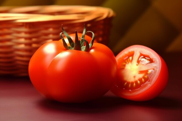 Kosz z pomidorami na nim i pomidorem na stole