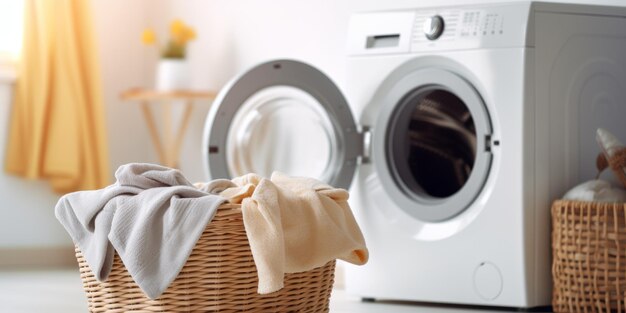 Zdjęcie kosz z praniem z pralnią w tle generatywna sztuczna inteligencja