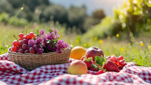 Kosz z winogronami i jabłkami piknik w ogrodzie piknik w parku