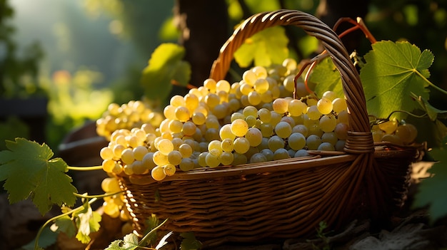 Zdjęcie kosz z winogronami na tle winnicy