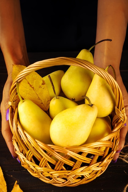 Kosz z żółtymi organicznie bonkretami na ciemnym drewnianym stole. Kobiece ręce trzymają gruszkę