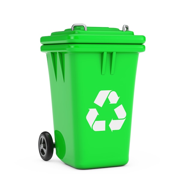 Kosz znak Green Garbage Trash Bin na białym tle. Renderowanie 3D