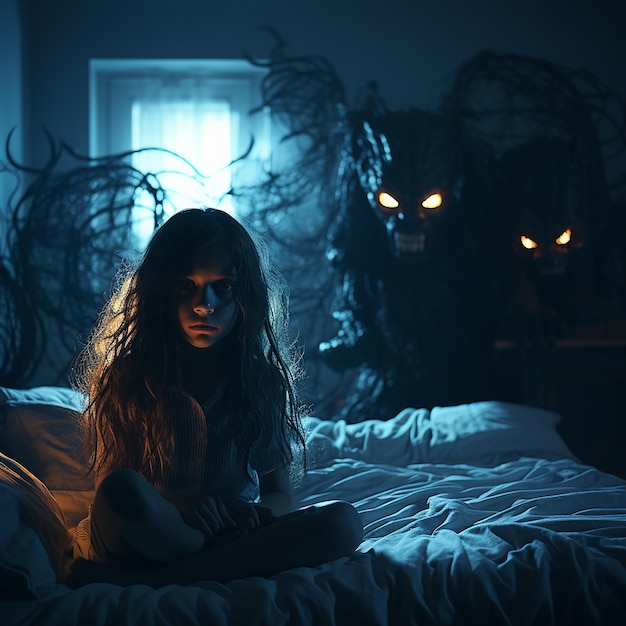 Koszmar Mała przerażona dziewczyna siedzi na łóżku w ciemności za zasłoną jest straszne stworzenie