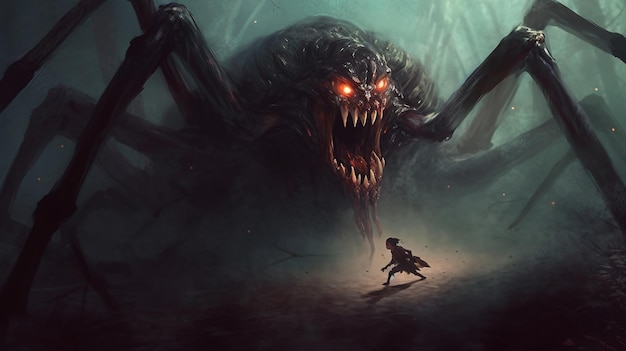 Koszmarna scena przedstawiająca gigantycznego pająka w ponurym lesie Koncepcja fantasy Malarstwo ilustracyjne Generatywna sztuczna inteligencja