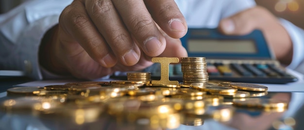 Koszty VAT podatek dochodowy i podatek od nieruchomości Ręka i stos monet biznesmena