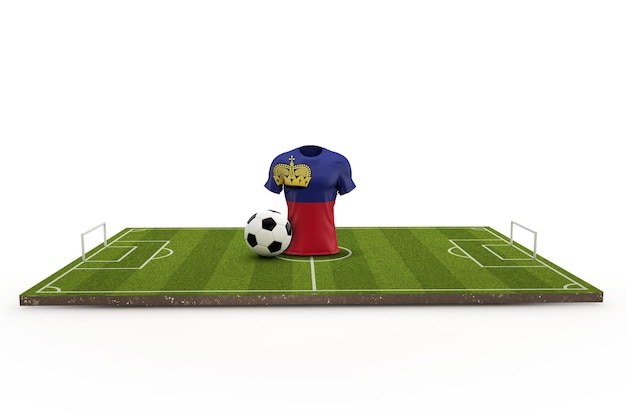 Koszulka piłkarska Liechtensteinu flaga narodowa na boisku piłkarskim Renderowanie 3D