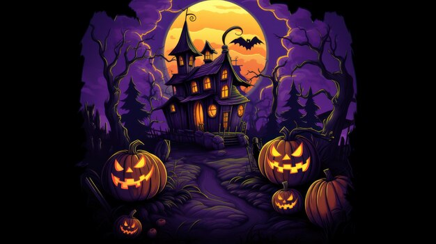 Koszulka z grafiką Halloween Nawiedzony Dom z głowami dyni i fioletowym tłem