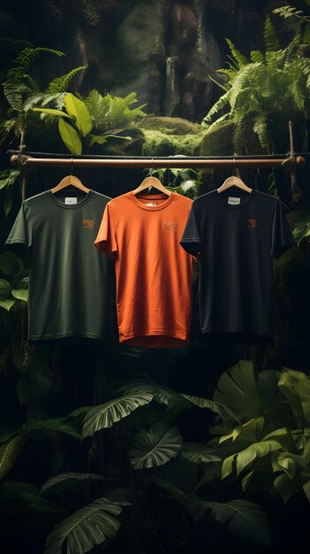 Zdjęcie koszulki w różnych kolorach pośród bujnego liścia