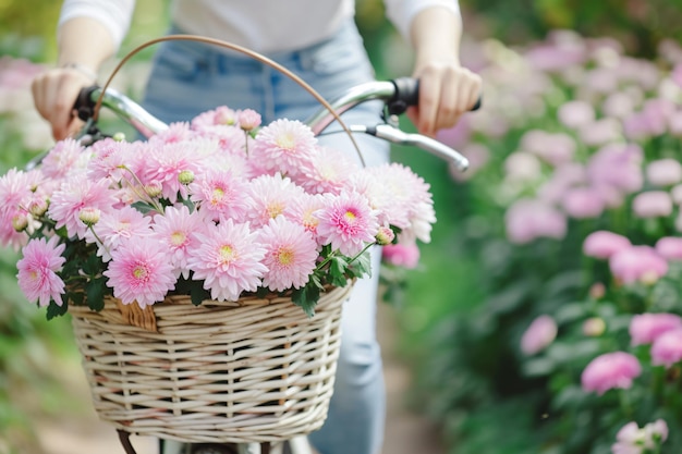 koszyk kwiatów jest na rowerze z kobietą na tle