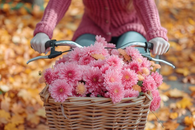 koszyk kwiatów z dziewczyną na rowerze z koszykiem kwiatów