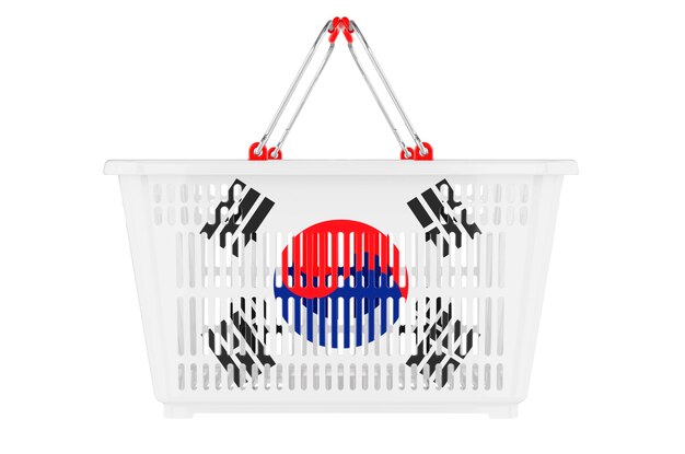 Koszyk na zakupy z koszykiem rynku flag Korei Południowej lub renderowaniem koncepcji siły nabywczej 3D