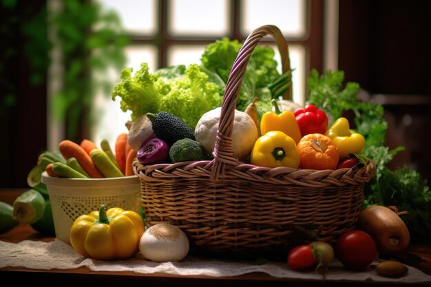 Koszyk warzyw na stole z koszykiem warzyw.