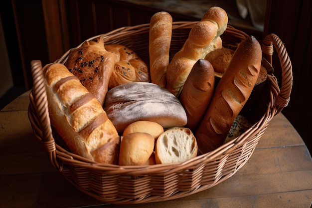 Koszyk wypełniony różnymi rodzajami pieczywa, w tym bagietką brioche i ciabattą, utworzony za pomocą generatywnej ai