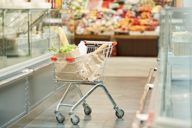 koszyk z artykułami spożywczymi stojący w supermarkecie