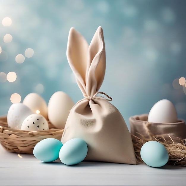 koszyk z jajkami i wstążką z napisem Wielkanoc