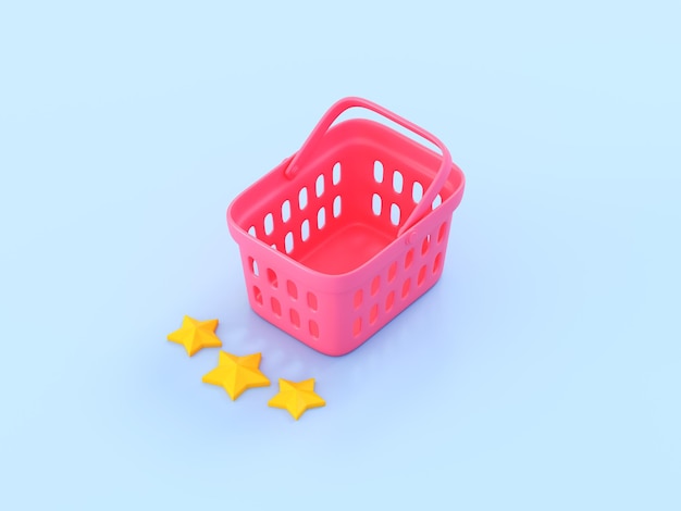 Koszyk z trzema gwiazdkami dla produktów Recenzja dobrego sprzedawcy Koncepcja opinii o ocenie klienta Najlepszy sklep spożywczy i supermarket Ikona kreskówki izolowana na niebieskim tle Renderowanie 3D