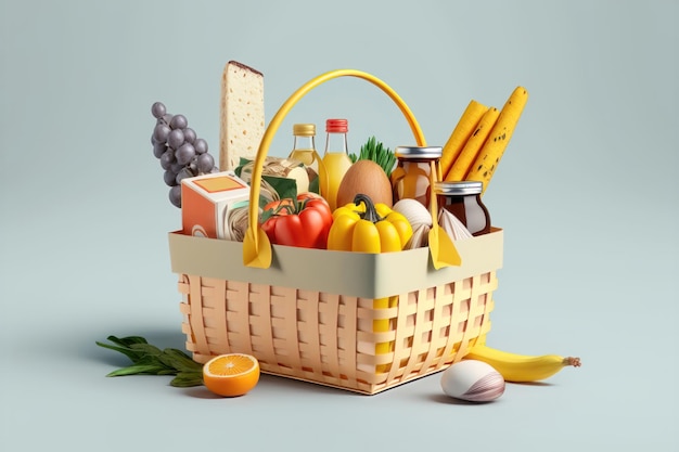 Koszyk z żywnością na niebieskim tle Koncepcja supermarketu Generowanie AI
