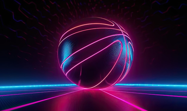 Koszykówka z neonowymi liniami na jasnym, dynamicznym tle