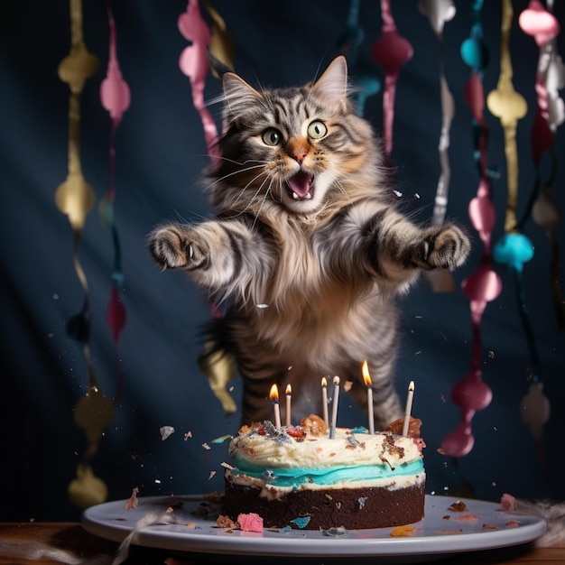 kot araffe stojący na tylnych łapach przed tortem urodzinowym generatywnym ai