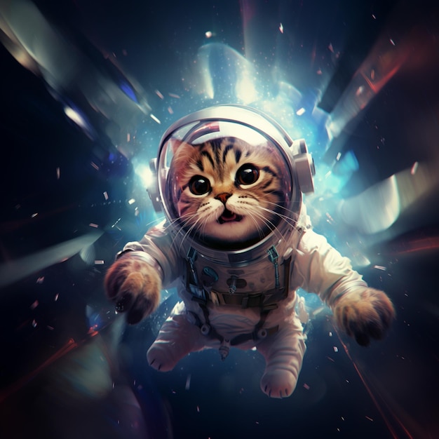 Kot Araffe w skafandrze kosmicznym unoszącym się w powietrzu generatywny ai