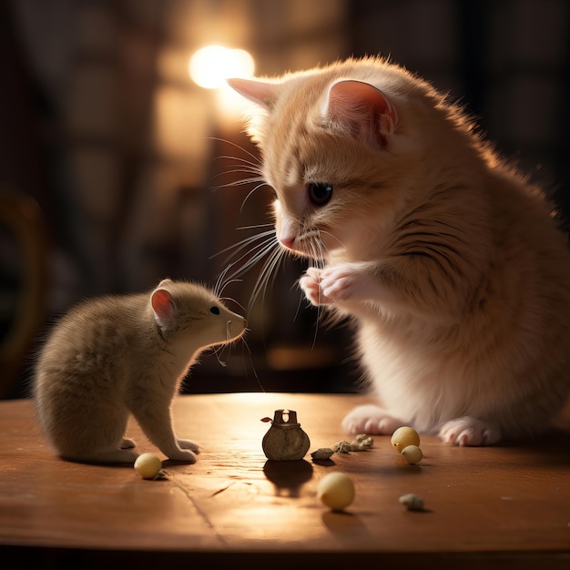 Kot bawiący się małą myszką