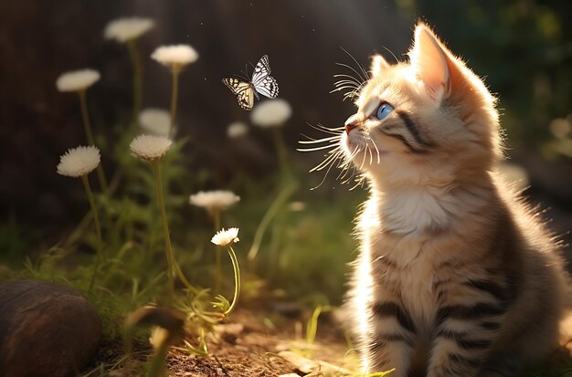 kot bawiący się motylami w ogrodzie Generacyjna AI