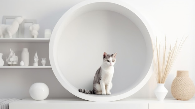 Kot biały salon minimalistyczne wnętrze półka makieta wnętrze domu nowoczesny biały pusty miejsce