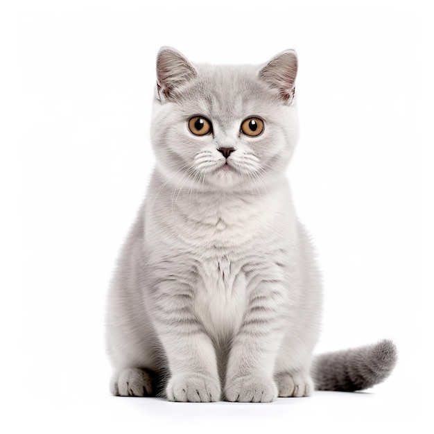 kot brytyjski krótkowłosy siedzi i patrzy na białym tle