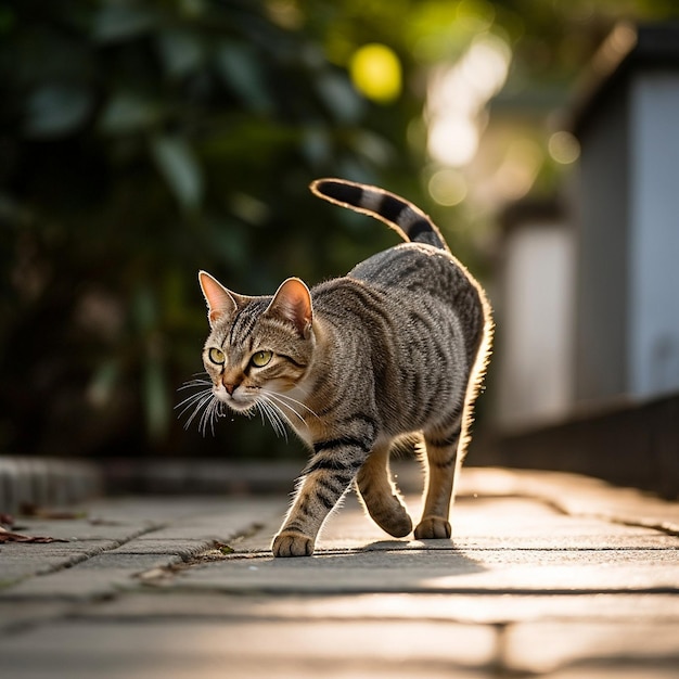 kot chodzi po chodniku na słońcu.