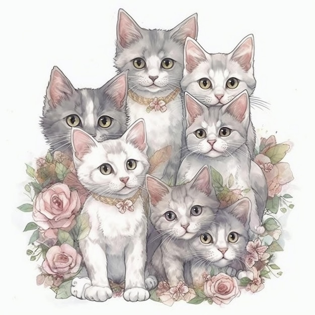 Kot clipart Kwiatowe koty na białym tle słodkie kocięta zwierzak