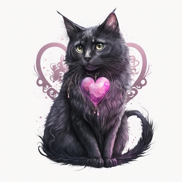 Kot czarownica Walentynki rysowane akwarelami