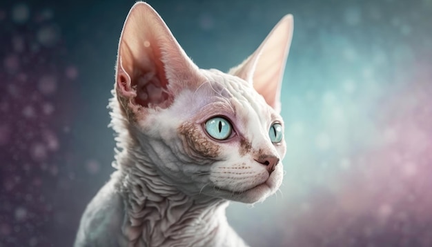 Kot Devon Rex Średni strzał Biały Różowy Niebieski Magiczny Fantasy Bokeh Generatywna sztuczna inteligencja