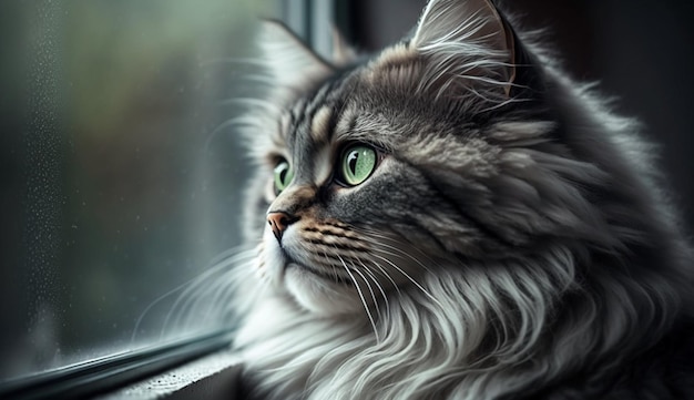 Kot domowy wpatrujący się na zewnątrz w puszyste futro w paski generatywne AI