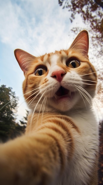 Kot dotyka kamery robiąc selfie Zabawny selfie portret zwierzęcia