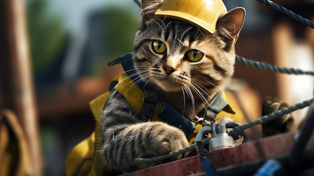 Kot elektryk w kasku i kamizelce bezpieczeństwa naprawia linię energetyczną